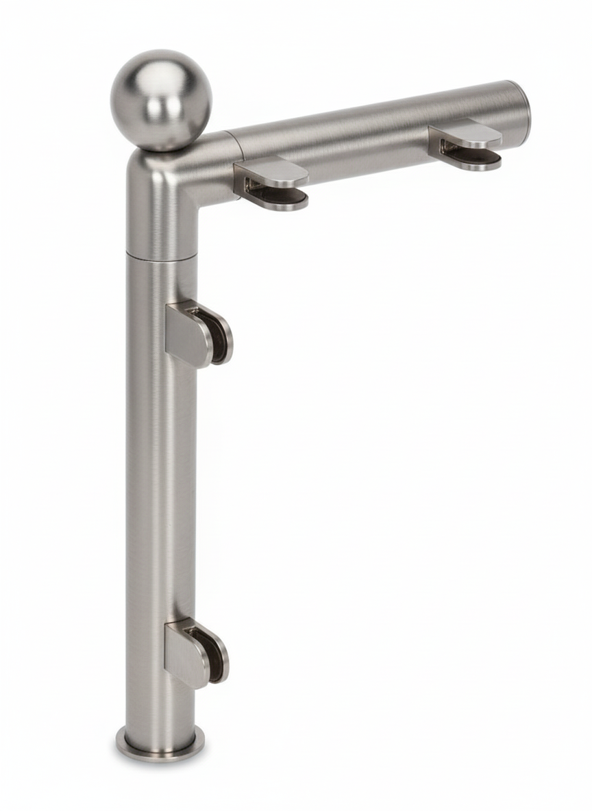 Edelstahl Hustenschutz Tresenstütze mit Ablage in Edelstahl Design mit Kugel